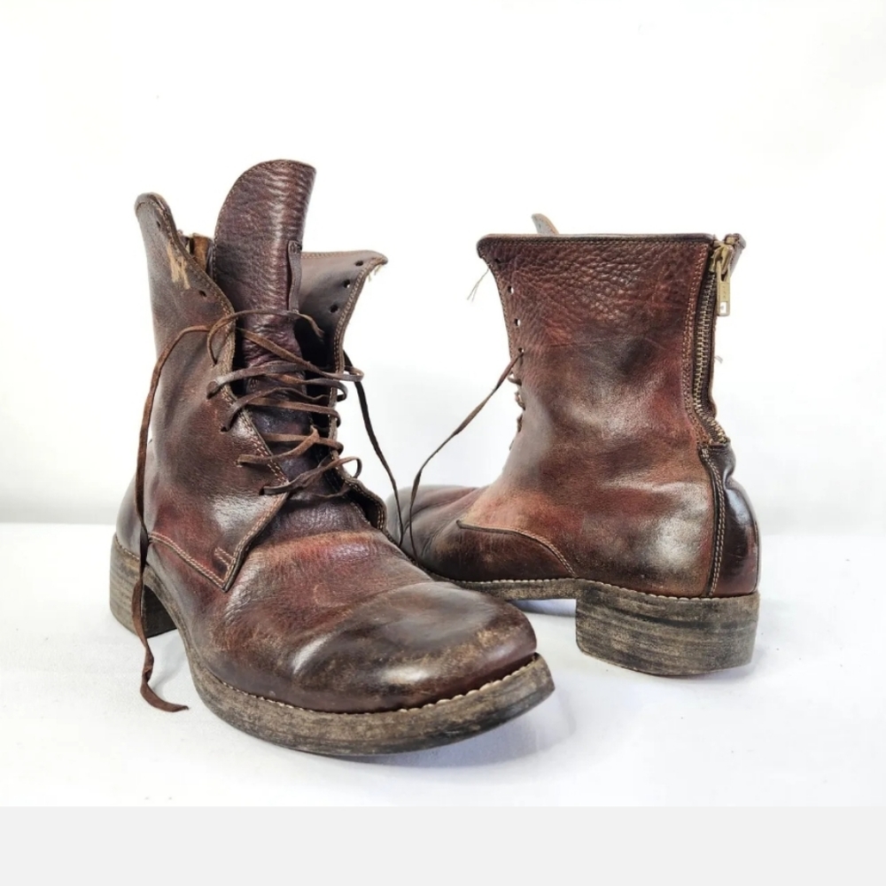 GUIDI Brown Leather Boots Lace up Zip Up Quality Craftsmanship Italy Men's 41
